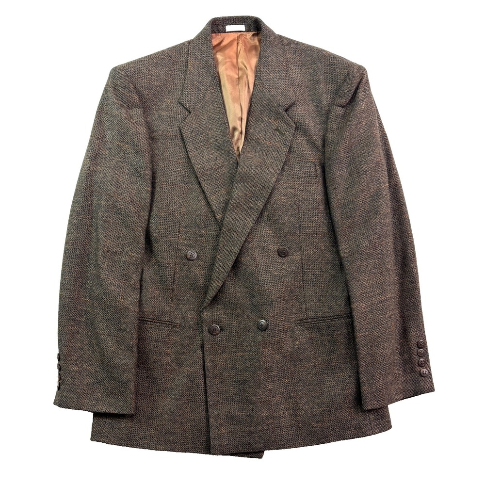 vtg 90s Cellini 40R Brown Double Breasted Blazer‎ Jacket Sport Suit Coat Tweed